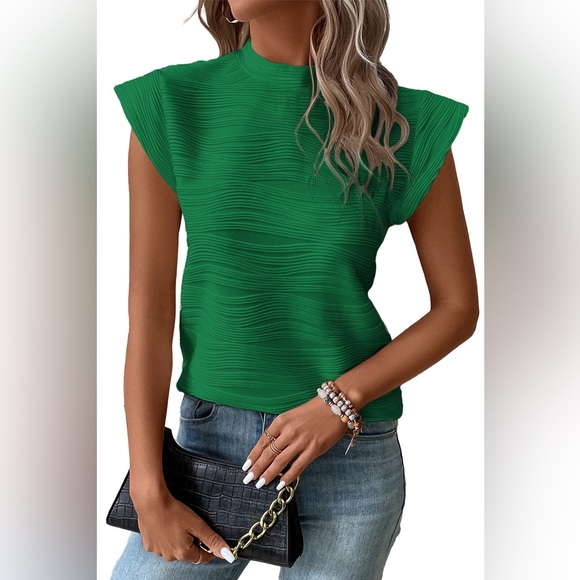 Dark Green Wavy Textured Mock Neck Cap Sleeve Top - Picture 1 of 11